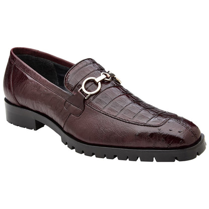 Belvedere Men's Genuine Caiman and Ostrich Quill Burgundy Loafer - Corso