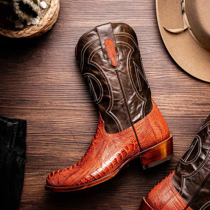 Denver Genuine Ostrich Leg Skin Cognac Cowboy Boot | Marco Di Milano Western Boots
