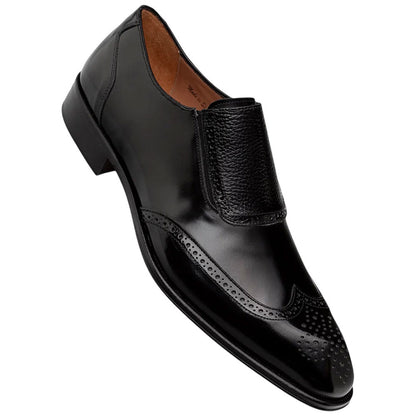 Mezlan Liberty II High Shine Calf Wing Tip Medallion Slip On - Men's Black