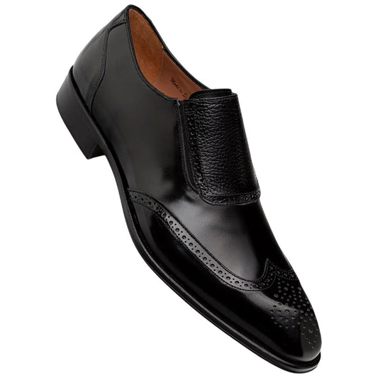 Mezlan Liberty II High Shine Calf Wing Tip Medallion Slip On - Men's Black