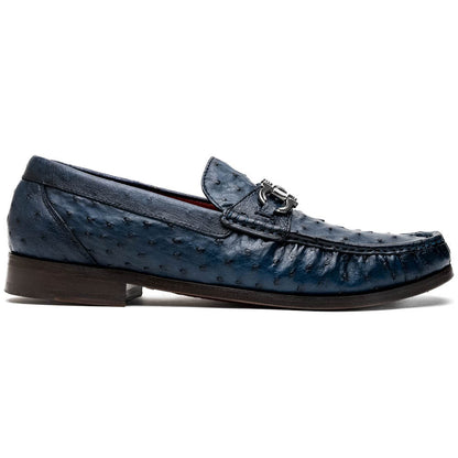 Ferrioni Men’s Genuine Ostrich Moc Toe Bit Loafers | Marco Di Milano in Navy