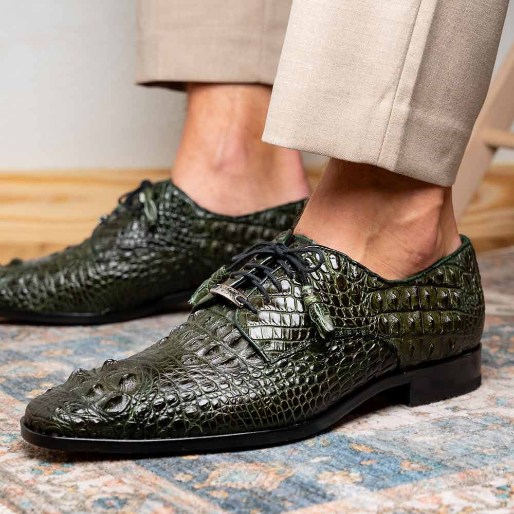 Nilo Fully Wrapped Genuine Nile Crocodile Skin Dress Derby | Marco Di Milano Exotic Dress Shoes in Green