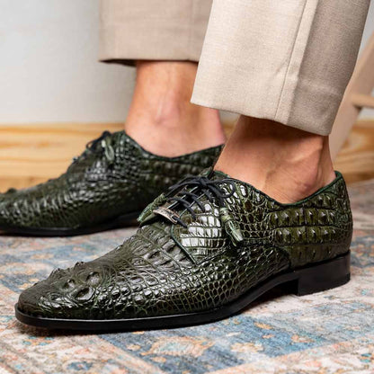 Nilo Fully Wrapped Genuine Nile Crocodile Skin Dress Derby | Marco Di Milano Exotic Dress Shoes in Green