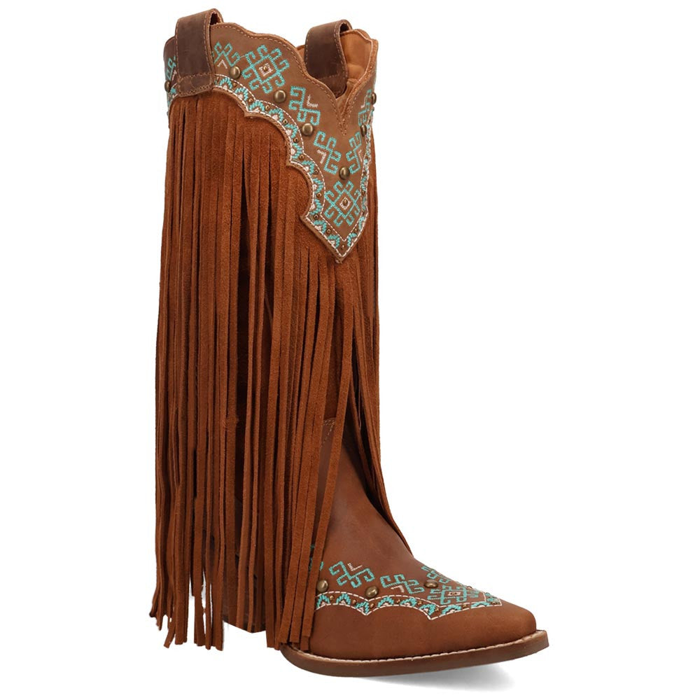 Tequila Sunrise Suede Brown with Turquoise Embroidered Fringe Snip Toe Women Boot | Dingo Western Cowgirl Boots