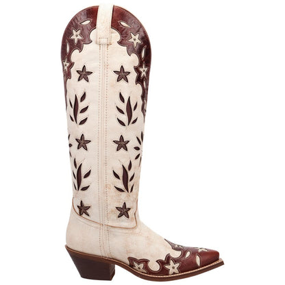 Laredo Flourish Women's White Leather Western Boot - 17" Tall Snip Toe with Floral Overlay