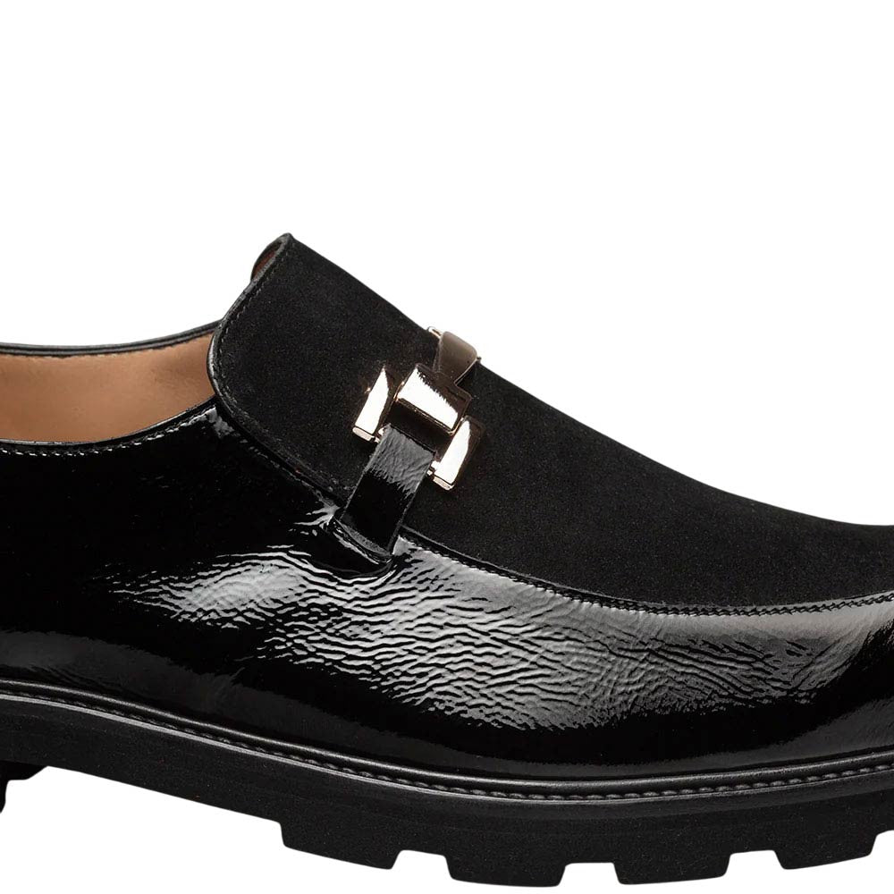 Valone Hi-Shine/Suede Lug Black Slip On | Mezlan Dress Loafers for Men