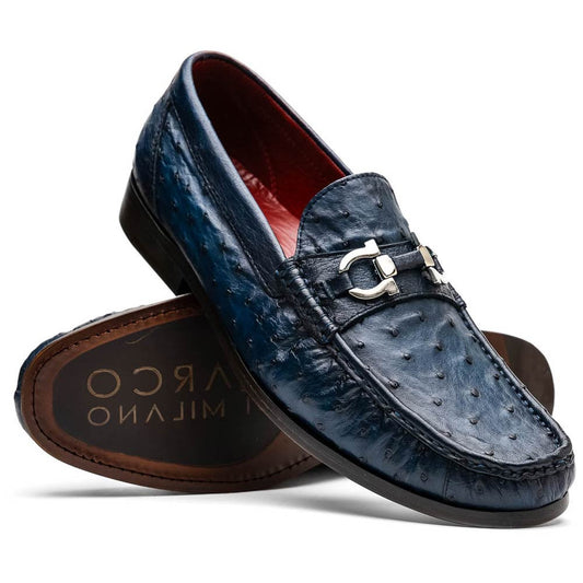 Ferrioni Men’s Genuine Ostrich Moc Toe Bit Loafers | Marco Di Milano in Navy