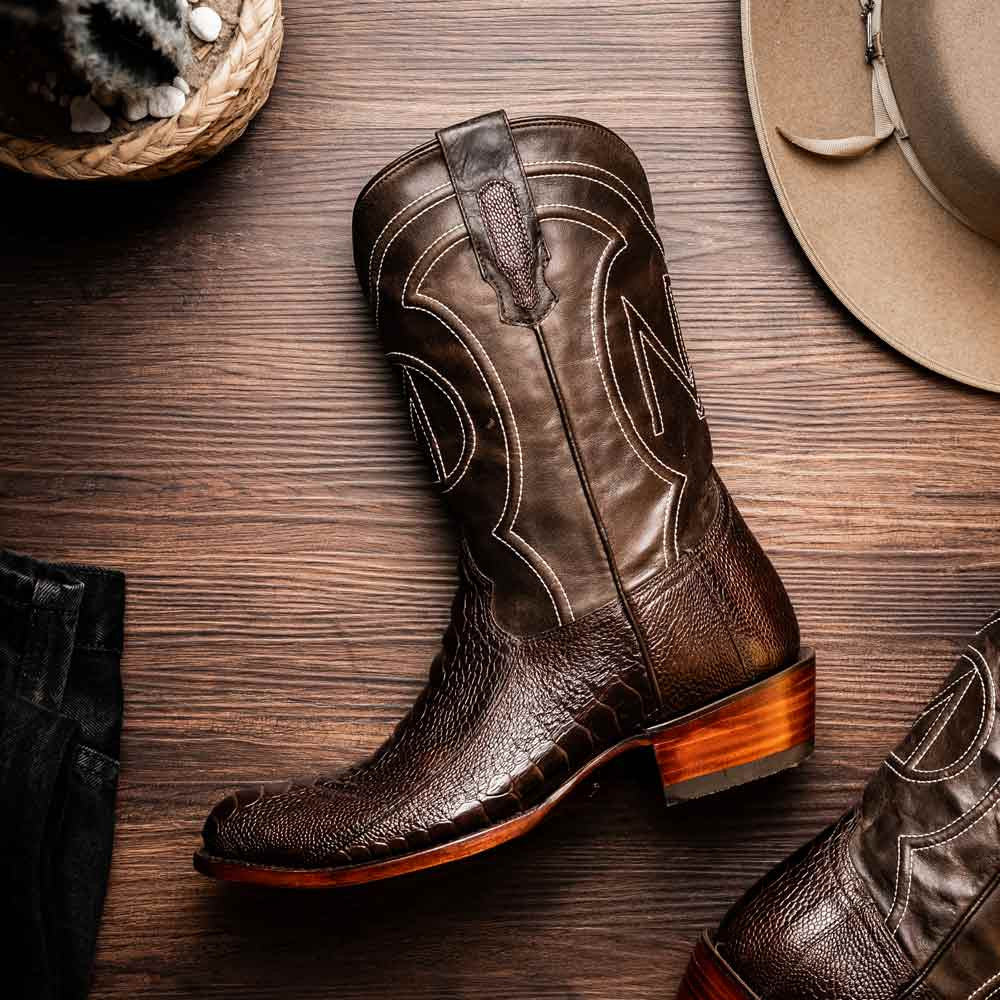 Denver Genuine Ostrich Leg Skin Brown Cowboy Boot | Marco Di Milano Western Boots