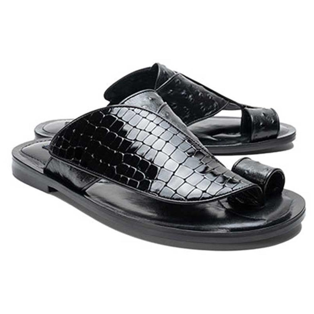 Corrente Resort Black Crocodile Printed Ostrich Leather Sandals for Men