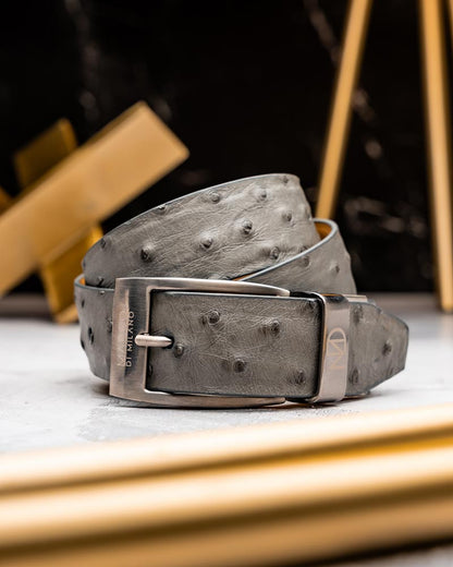 Domenico Men’s Genuine Exotic Ostrich Belts With Brushed Chrome Buckle | Marco Di Milano Exotic Belt in Gray