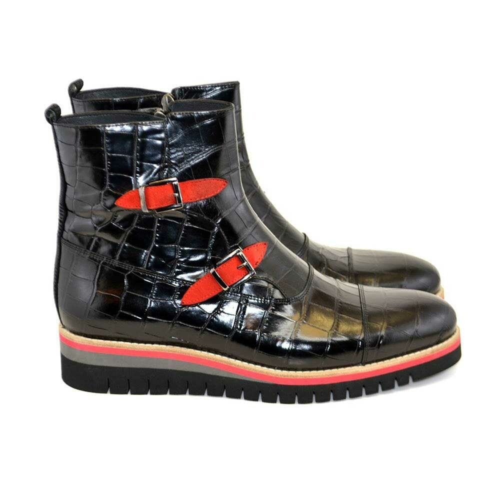 Corrente Black Crocodile Print Calfskin Leather Side Zipper Mens Boot - shoeclassix.com