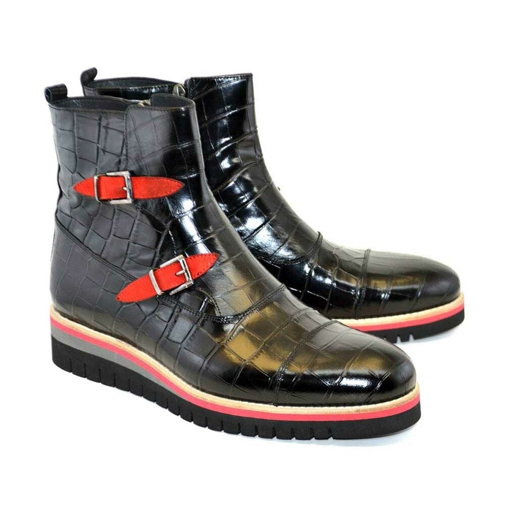 Corrente Black Crocodile Print Calfskin Leather Side Zipper Mens Boot - shoeclassix.com