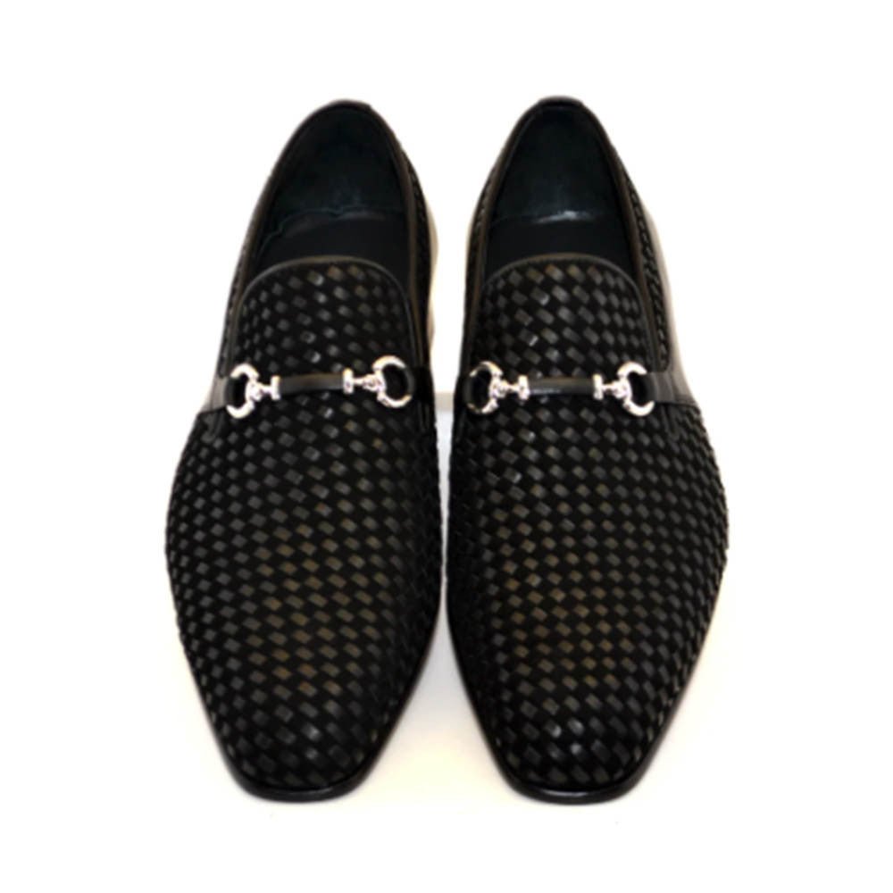 Corrente Men’s Black Handwoven Leather and Suede Slip - On - shoeclassix.com