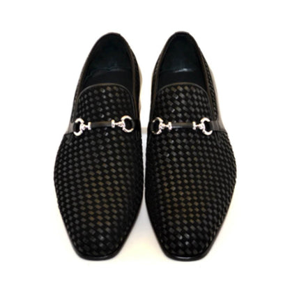 Corrente Men’s Black Handwoven Leather and Suede Slip - On - shoeclassix.com