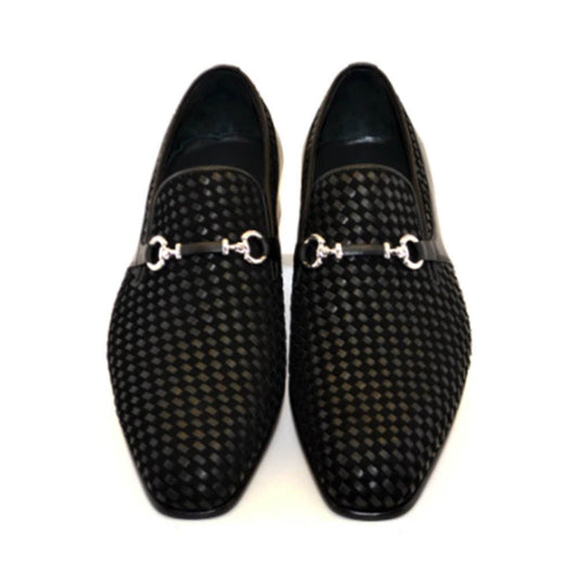 Corrente Men’s Black Handwoven Leather and Suede Slip - On - shoeclassix.com