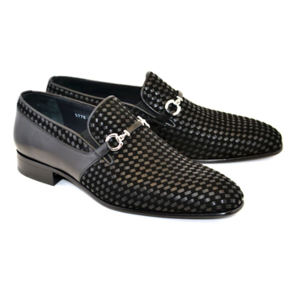Corrente Men’s Black Handwoven Leather and Suede Slip - On - shoeclassix.com