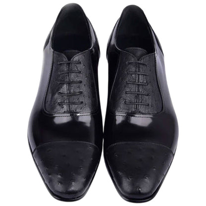 Corrente Men’s Black Ostrich Skin and Leather Cap Toe Shoe - shoeclassix.com