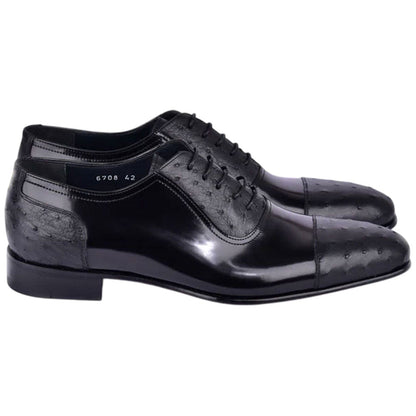Corrente Men’s Black Ostrich Skin and Leather Cap Toe Shoe - shoeclassix.com