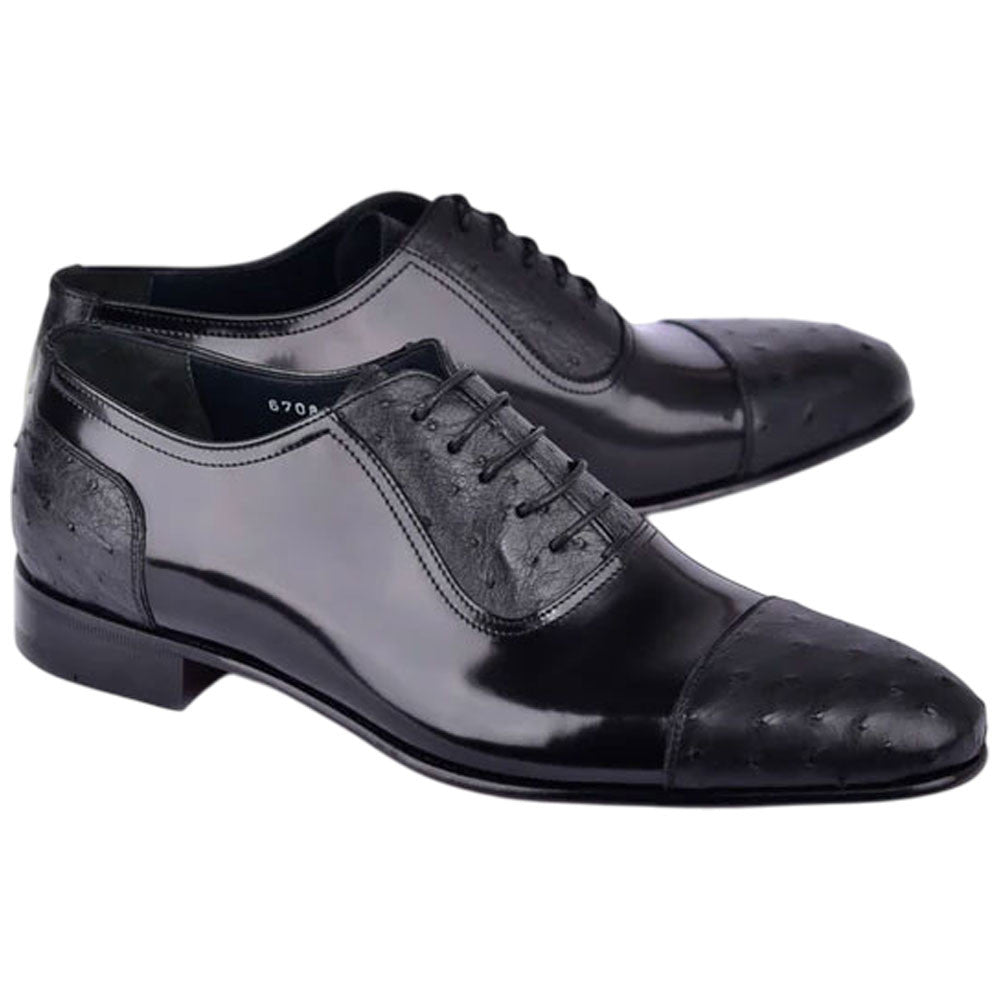 Corrente Men’s Black Ostrich Skin and Leather Cap Toe Shoe - shoeclassix.com