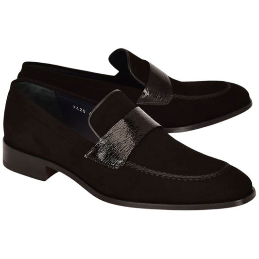 Corrente Men’s Black Suede with Vita Leather Vamp Almond Toe Loafer - shoeclassix.com