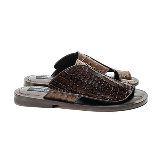 Corrente Men’s Brown Croco Print Ostrich Leather Open Toe Sandal - shoeclassix.com