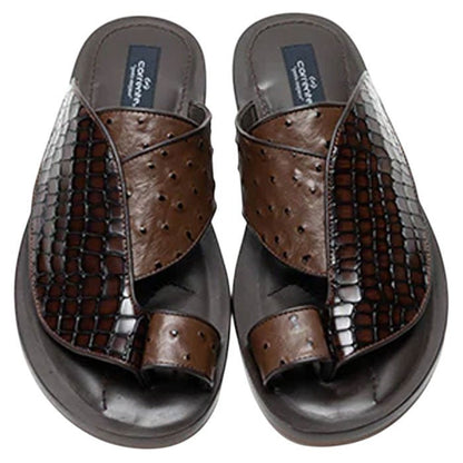 Corrente Men’s Brown Croco Print Ostrich Leather Open Toe Sandal - shoeclassix.com