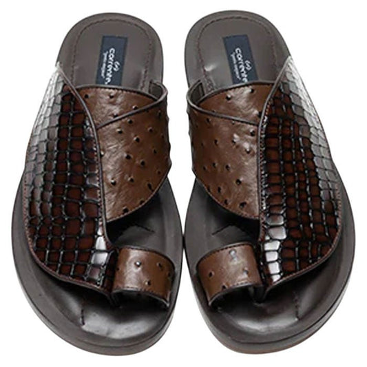 Corrente Men’s Brown Croco Print Ostrich Leather Open Toe Sandal - shoeclassix.com