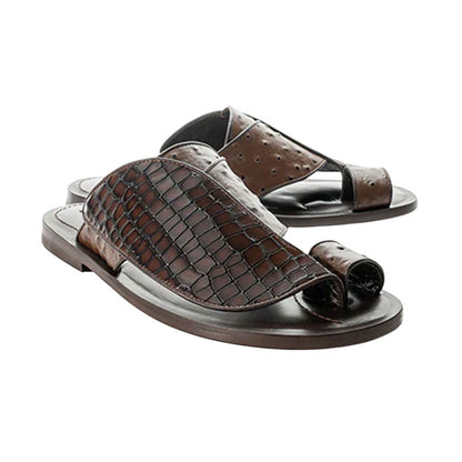 Corrente Men’s Brown Croco Print Ostrich Leather Open Toe Sandal - shoeclassix.com