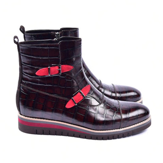 Corrente Men's Brown Croco Print Side Zipper Boots with Red Straps - shoeclassix.com