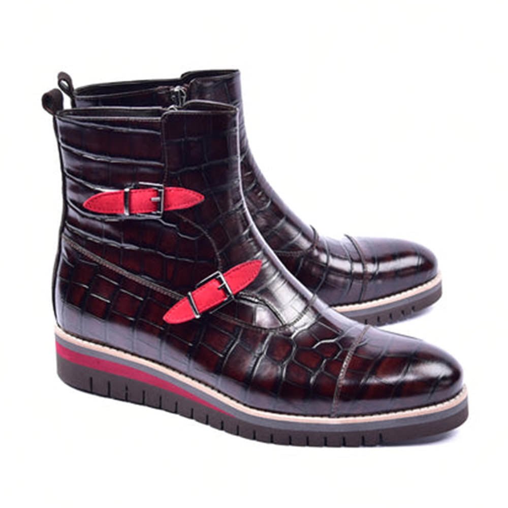 Corrente Men's Brown Croco Print Side Zipper Boots with Red Straps - shoeclassix.com