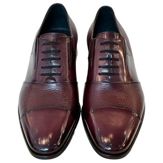 Corrente Men’s Burgundy Deer Skin Leather Tie - Less Cap Toe Slip - On Loafer - shoeclassix.com