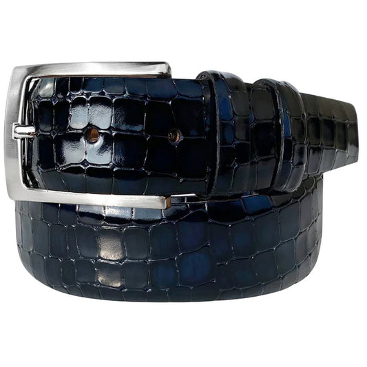 Corrente Men’s Crocodile Navy Embossed Italian Leather Belt with Adjustable Buckle - shoeclassix.com