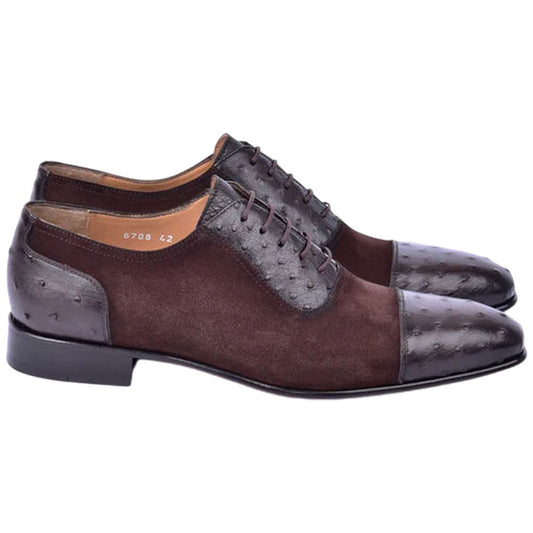 Corrente Men’s Genuine Ostrich Leather Brown Cap Toe Dress Shoe - shoeclassix.com
