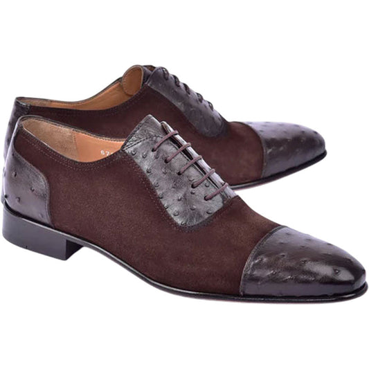 Corrente Men’s Genuine Ostrich Leather Brown Cap Toe Dress Shoe - shoeclassix.com