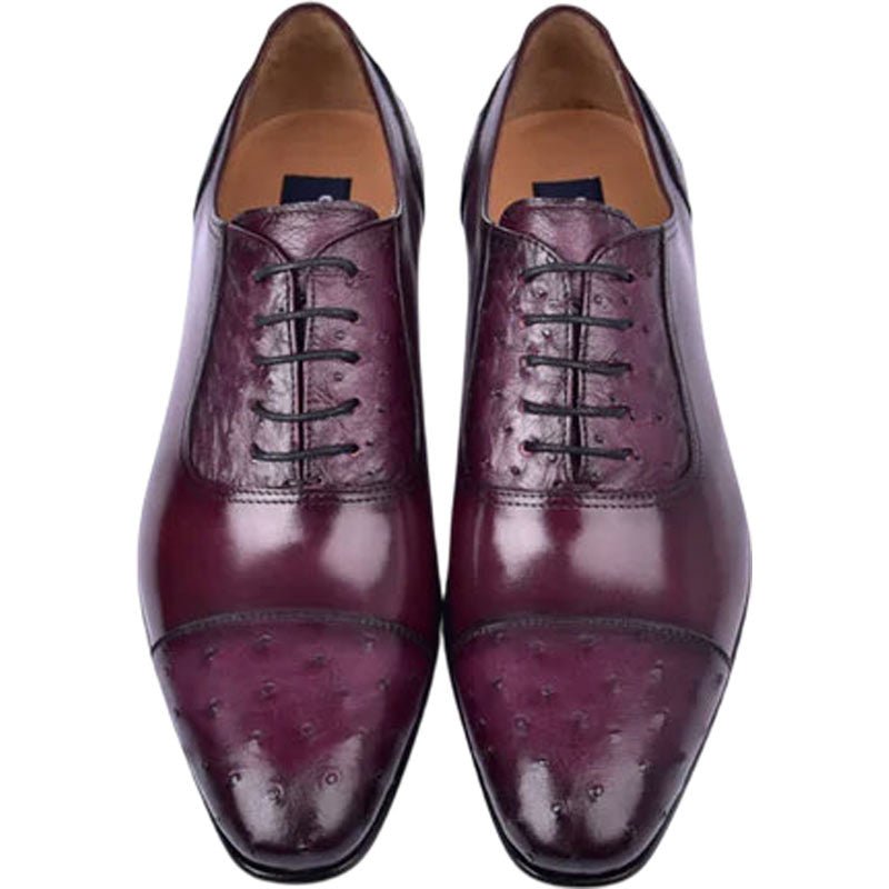 Corrente Men’s Genuine Ostrich Leather Burgundy Cap Toe Dress Shoe - shoeclassix.com