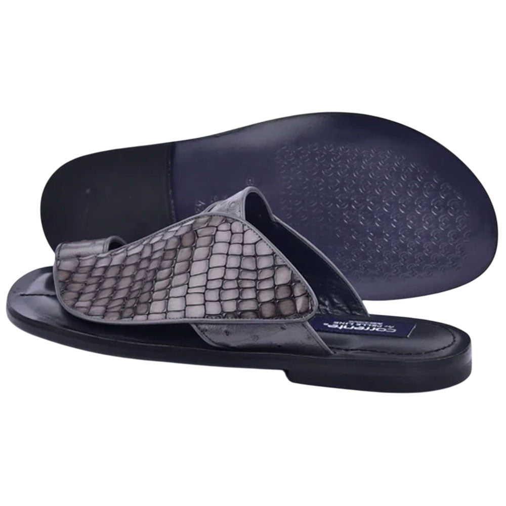 Corrente Men’s Grey Croco Print Ostrich Open Toe Leather Sandal - shoeclassix.com