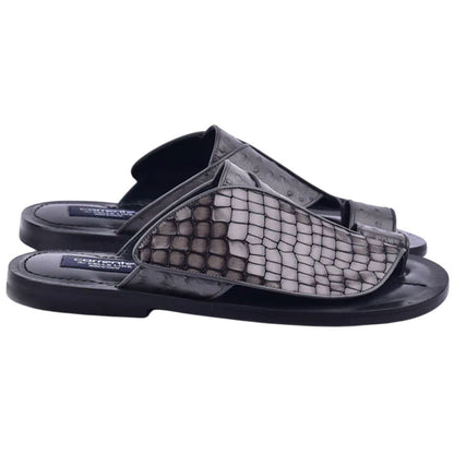 Corrente Men’s Grey Croco Print Ostrich Open Toe Leather Sandal - shoeclassix.com