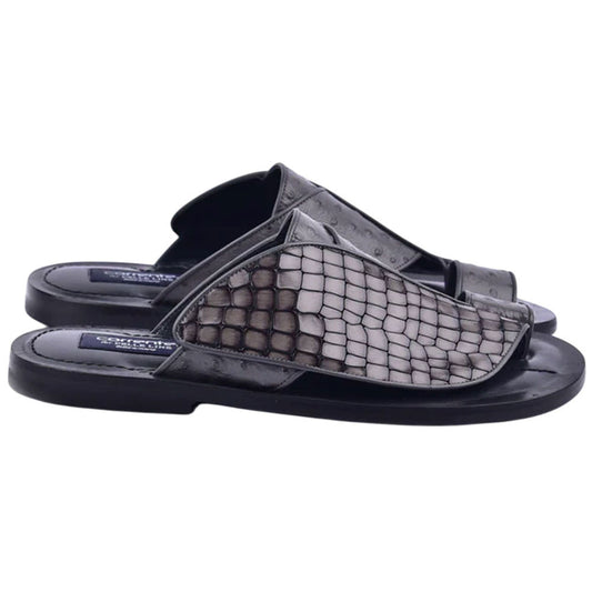 Corrente Men’s Grey Croco Print Ostrich Open Toe Leather Sandal - shoeclassix.com