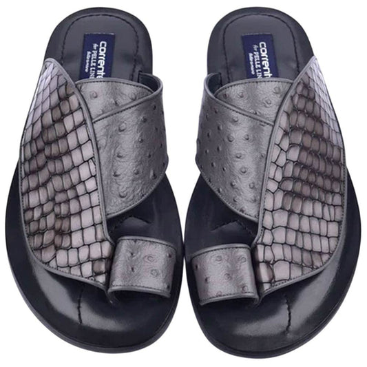 Corrente Men’s Grey Croco Print Ostrich Open Toe Leather Sandal - shoeclassix.com