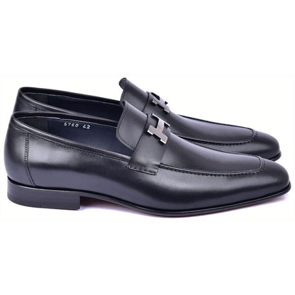 Corrente Men’s H Buckle French Calfskin Black Almond Toe Loafer - shoeclassix.com