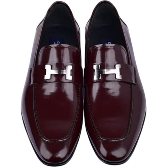 Corrente Men’s H Buckle French Calfskin Burgundy Almond Toe Loafer - shoeclassix.com