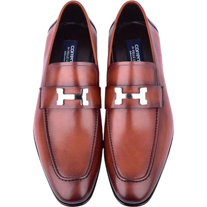 Corrente Men’s H Buckle French Calfskin Tan Almond Toe Loafer - shoeclassix.com
