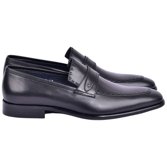 Corrente Men’s High Vamp Buffalo Leather Black Almond Toe Loafer - shoeclassix.com