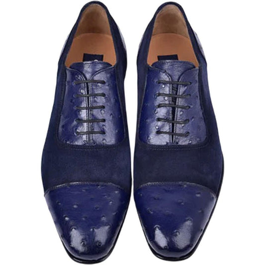 Corrente Men’s Navy Ostrich Skin and Leather Cap Toe Loafer - shoeclassix.com