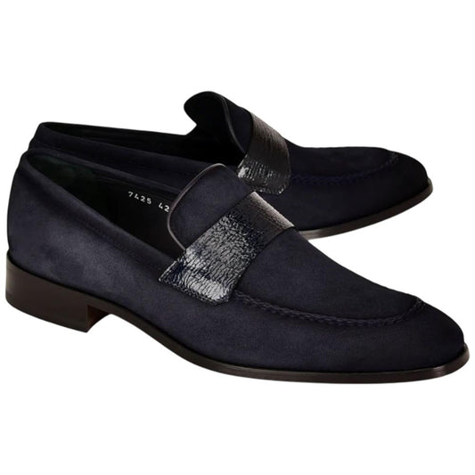 Corrente Men’s Navy Suede with Vita Leather Vamp Almond Toe Loafer - shoeclassix.com