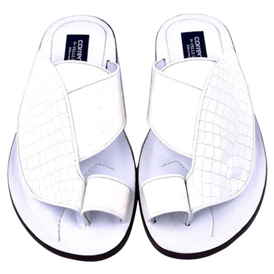 Corrente Men’s White Croco Print Ostrich Leather Open Toe Sandal - shoeclassix.com