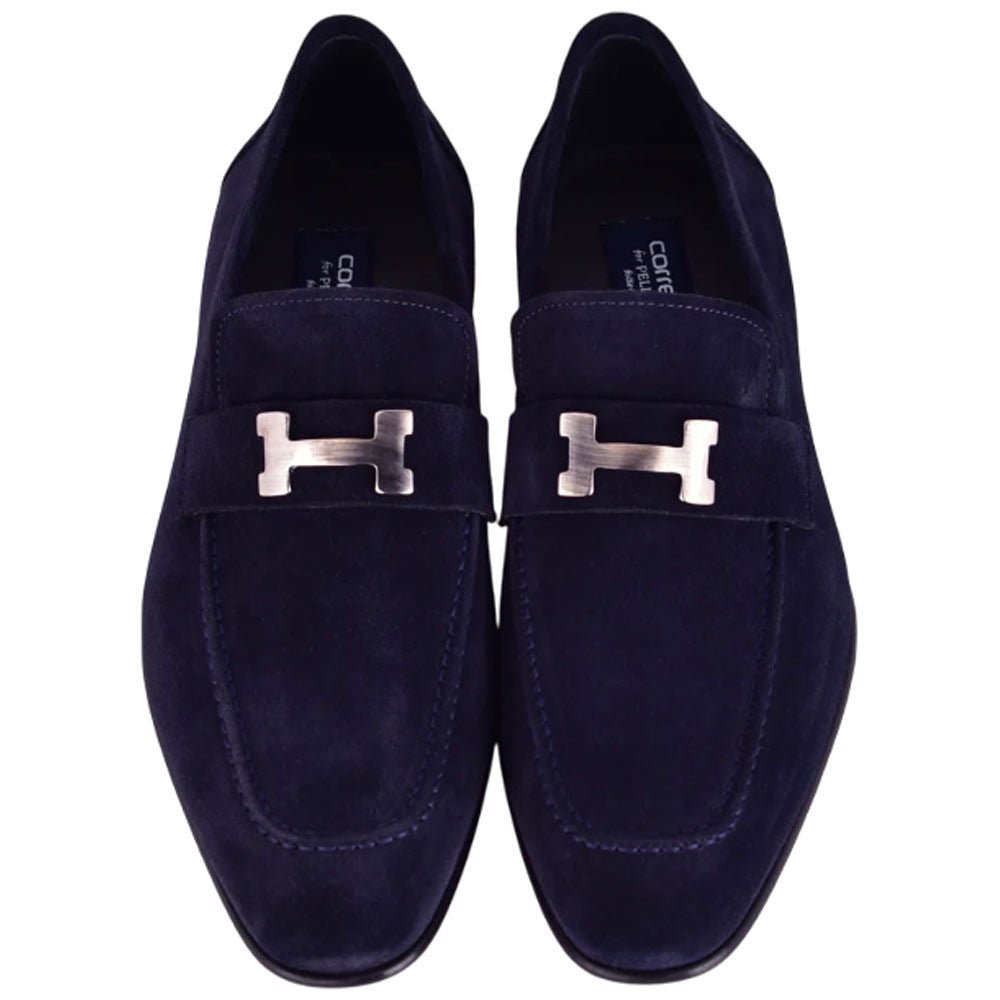 CORRENTE Navy Blue Suede Leather with H Bit Leather Sole Loafer for Men - shoeclassix.com