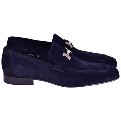 CORRENTE Navy Blue Suede Leather with H Bit Leather Sole Loafer for Men - shoeclassix.com