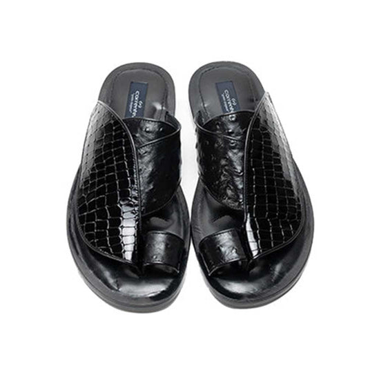 Corrente Resort Black Crocodile Printed Ostrich Leather Sandals for Men - shoeclassix.com