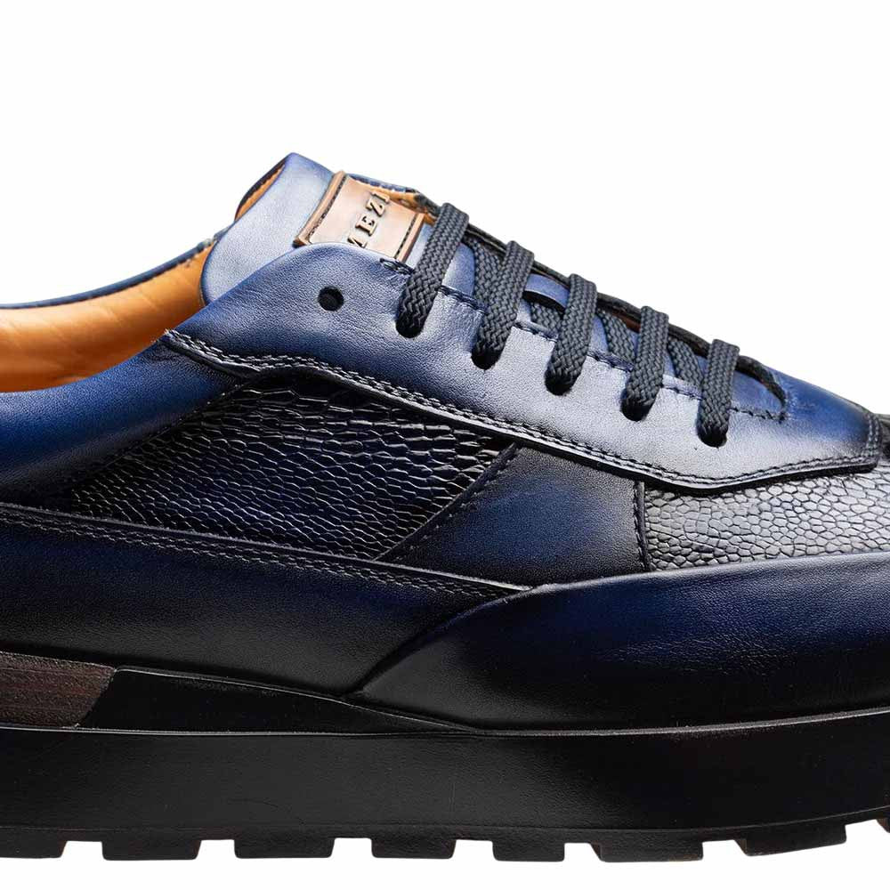 Mezlan Arkley Men's Blue Calfskin & Ostrich Dress Sneaker - Handmade in Spain